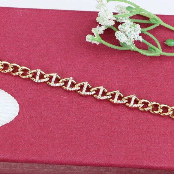 "Elegant Rose Gold Zigzag Chain Bracelet with Dazzling CZ Stones, XPBL0944 - Picture 11 of 12